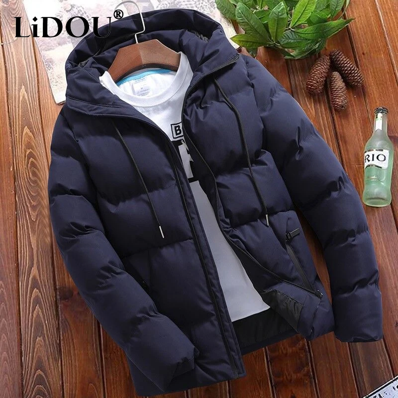 Parkas com capuz monocromático masculino, outwear quente, bolsos com zíper, casual, fino, rua alta, moda, novo, outono, inverno, Y2K