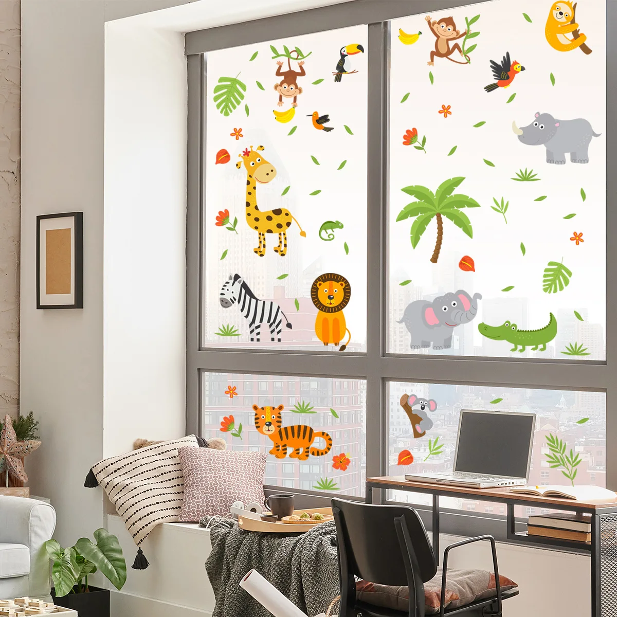 Cartoon Forest Animal Creative Static Window Stickers Double-Sided Visible Glass Stickers Home Shop Window Wall Decor Decals
