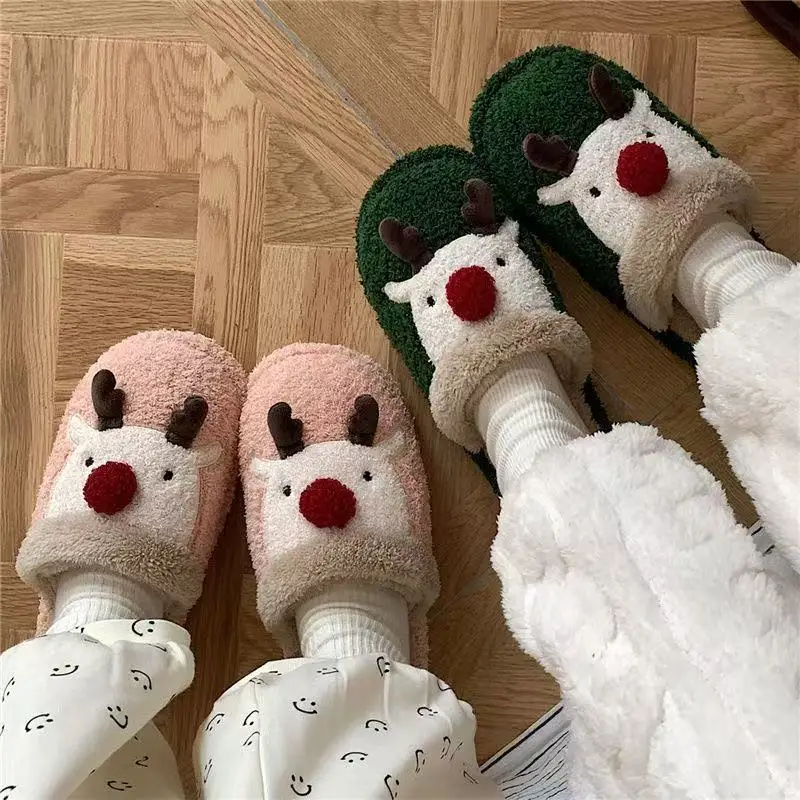 Couple's Cartoon Elk Christmas Indoor Slippers Winter 2026 Comfort Flat Heel Fluffy Fur Home Slippers Women Lovely Plush Slides