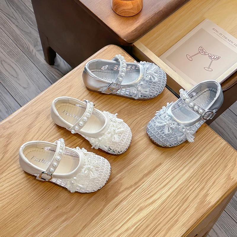 Kids'Casual Shoes Mesh Fashion Pearl Bow Spring Flat Bottom Shoes For Girls Anti-slip Breathable White Sliver Size 23-34