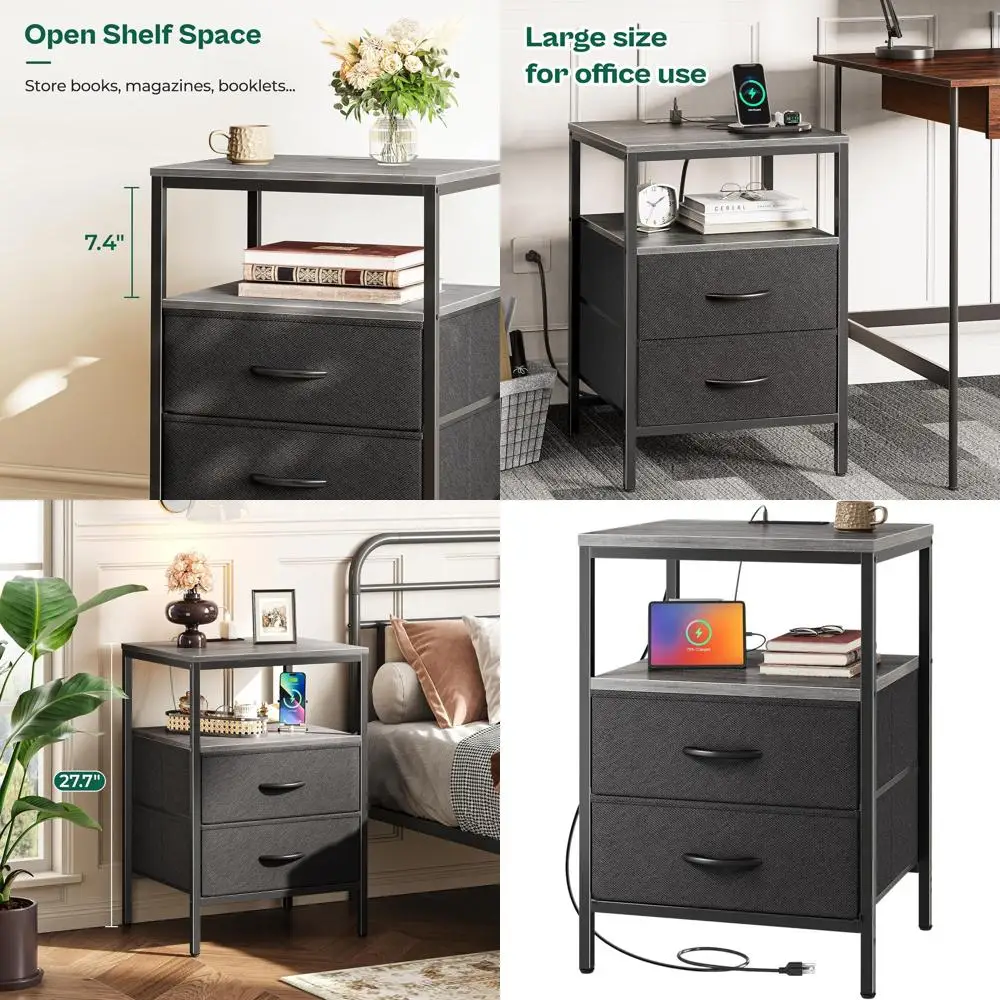 

27.7 Grey Fabric Drawer Nightstand with Charger Station for Bedroom and Living Room