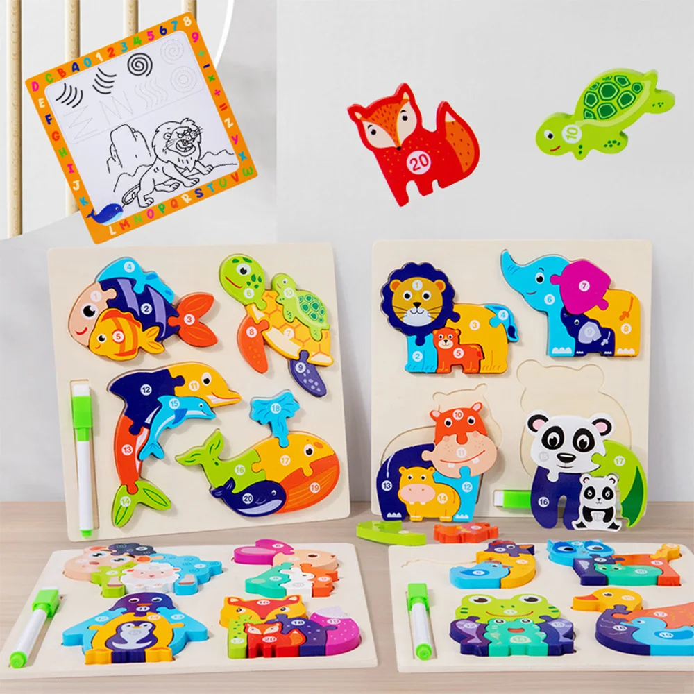 TUNJILOOL Montessori Wooden Cartoon Animal Puzzle Drawing Writing Board 2 in 1 Learning Education Toys For Children Kids Gift