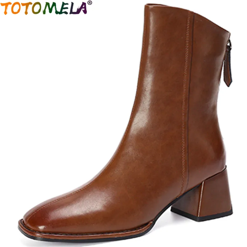 

TOTOMELA 2024 Size 31-43 New Winter Genuine Leather Women Boots Thick High Heels Dress Shoes Zipper Retro Ankle Boots