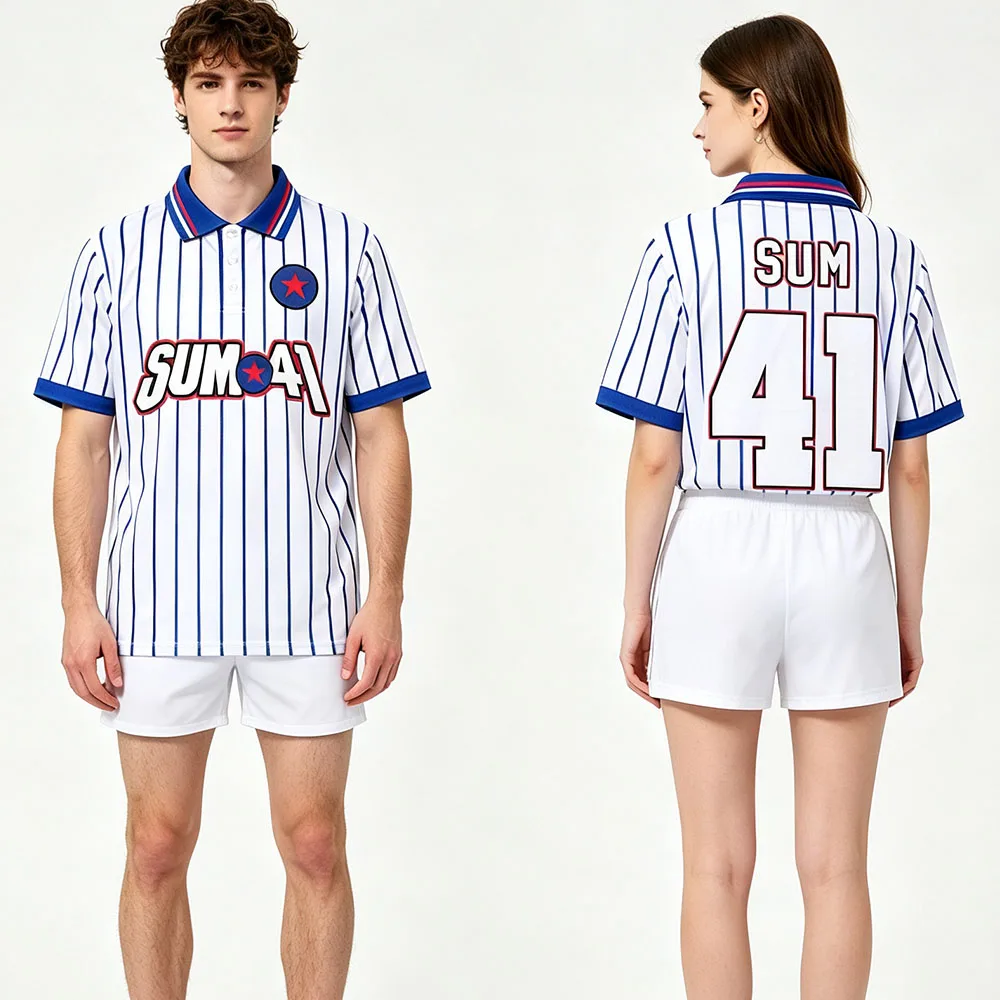 Sum41 Band Polo Shirt Unisex Striped Short Sleeve Jersey Blue White Vertical Stripe 3‑Button Collar Sports Top T-shirt Men Women