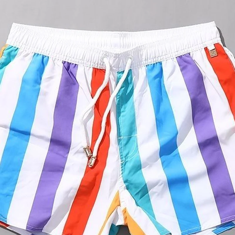 Summer New Rainbow Color Fashion Elastic Waist Beach Pants Man Striped Contrast Color Drawstring Ventilate Y2K Harajuku Shorts