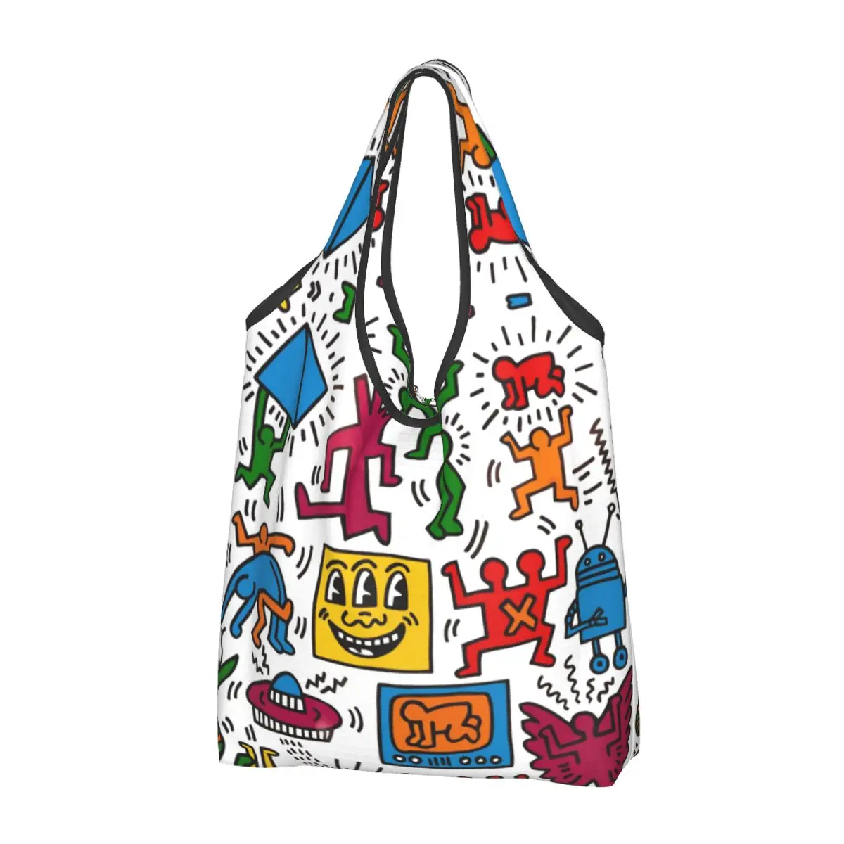 Reusable Harings Dance Collage Grocery Bag Foldable Machine Washable Shopping Bag Large Eco Storage Bag Attached Pouch