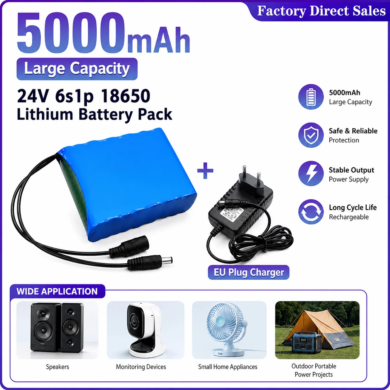 PURFIELD Built-in BMS Safety Protection 6S1P 24V 18650 Lithium Battery Pack 5000mAh Rechargeable Energy Storage Battery Pack