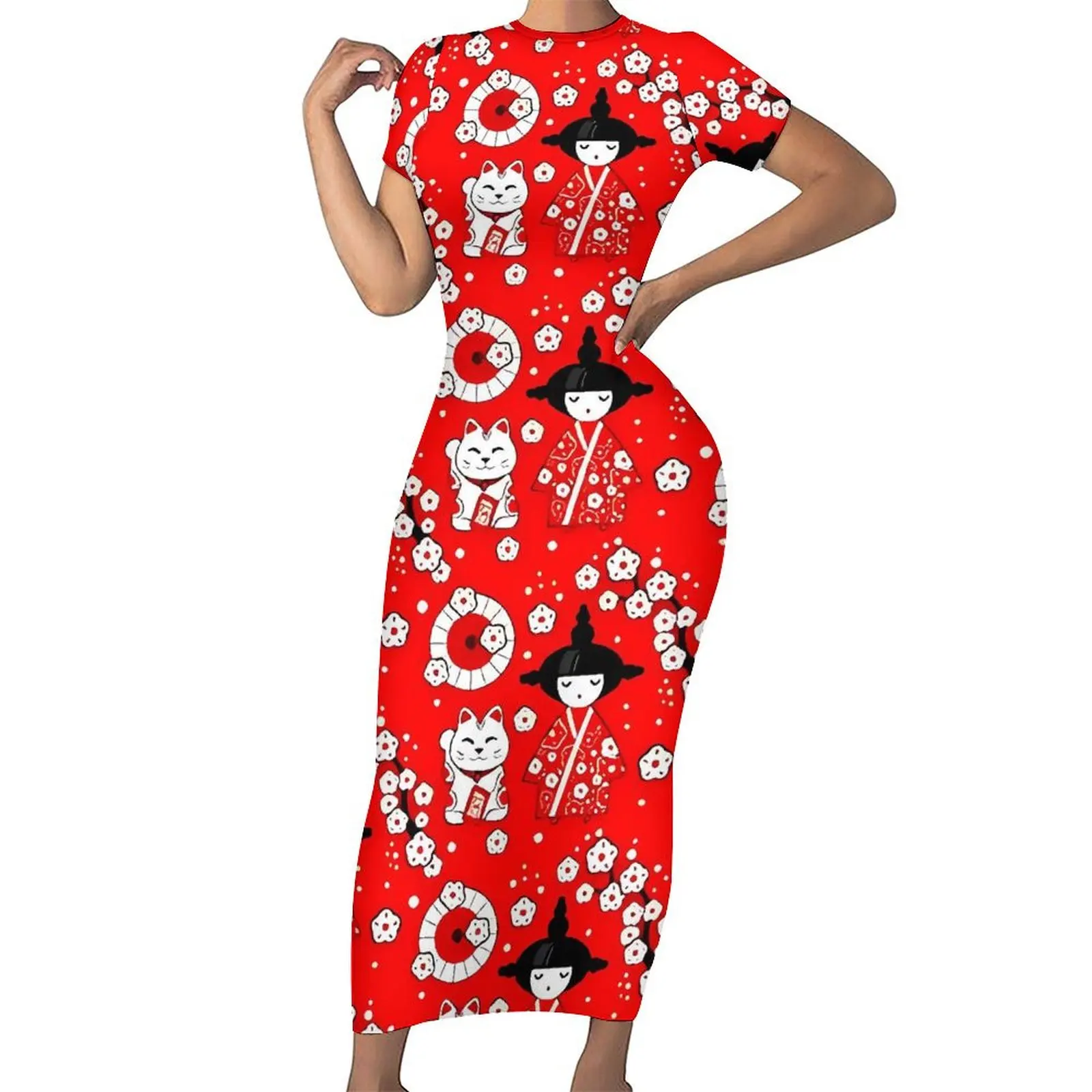 Red Japanese Dolls Bodycon Dress Summer Kokeshi and Maneki Neko Cats Retro Maxi Dresses Lady Short Sleeve Design Aesthetic Dress