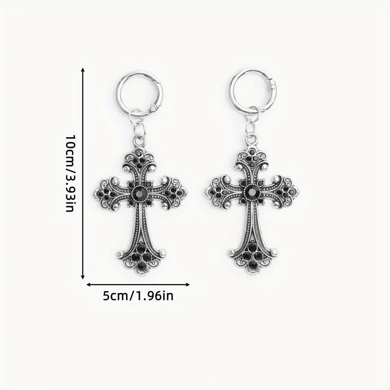 2Pcs Retro Gothic Antique Silver Black Gem Cross Shoe Charms, Unisex, for Daily Wear, Halloween Party Outfit & Gift