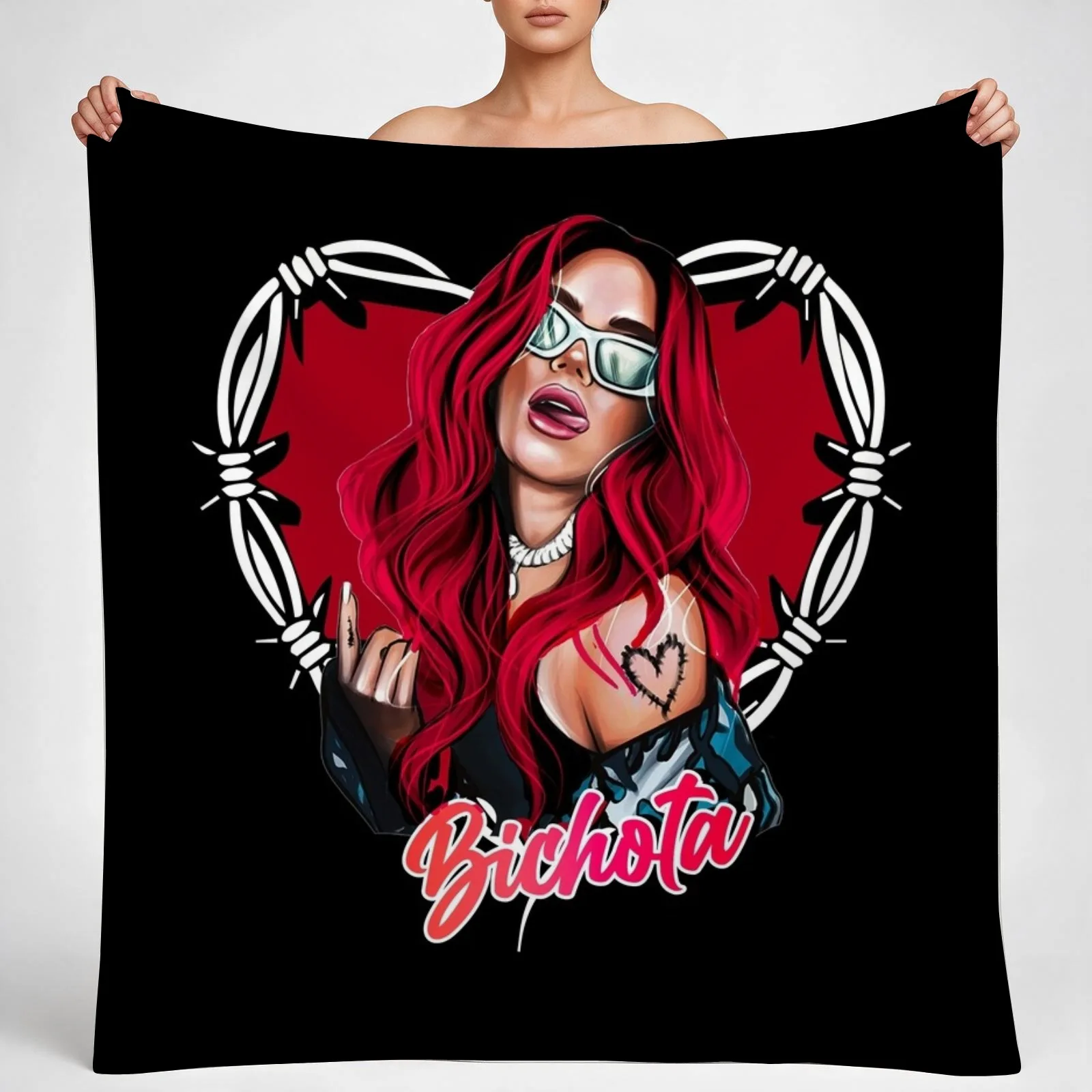 Karol G with red Hair Illustration with Bichota Throw Blanket couch cozy soft plush fuzzy picnic outdoor blanket