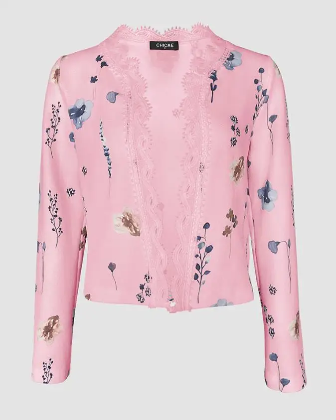 Women's Top Autumn/winter 2025 Floral Print Open Front Long Sleeve Casual Contrast Lace Short Cardigan