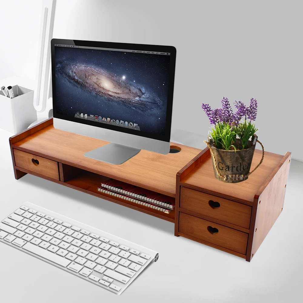 3-laags bamboe monitorverhogerstandaard met laden, 69x23x17cm grote desktoporganizer, draagvermogen 50kg, ergonomische kantoorplank