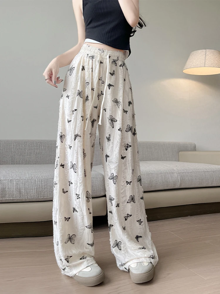 HOUZHOU Y2K Harajuku Butterfly Wide Leg Pants for Women Hole Streetwear High Waist Straight Trousers Female Rhinestone Summer