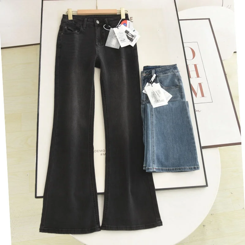 

Модные утягивающие эластичные джинсовые длинные брюки с высокой талией и микрорасклешенными джинсами, осень 2021, женские универсальные брюки-комбинации, удлиняющие ноги...