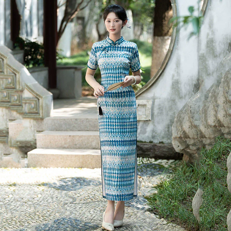 

Синее модифицированное длинное платье в китайском стиле, новинка 2023 года для молодых женщин, Ципао, летнее платье для похудения в стиле ретро, Cheongsam