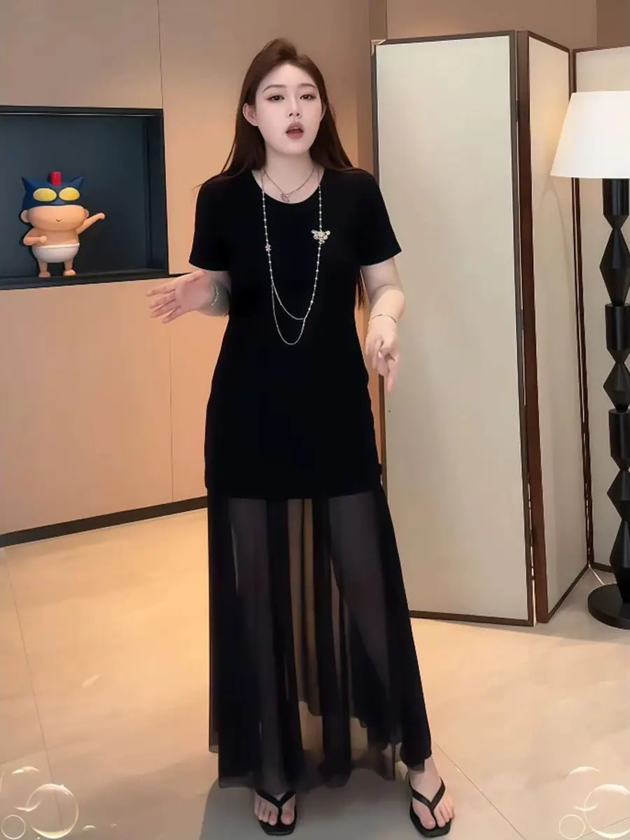 

plus Size Women's Bla Long Dr Me Splice Loose ort Sve Summer Dr Korean Sle Commute Wind A-Line Skirt