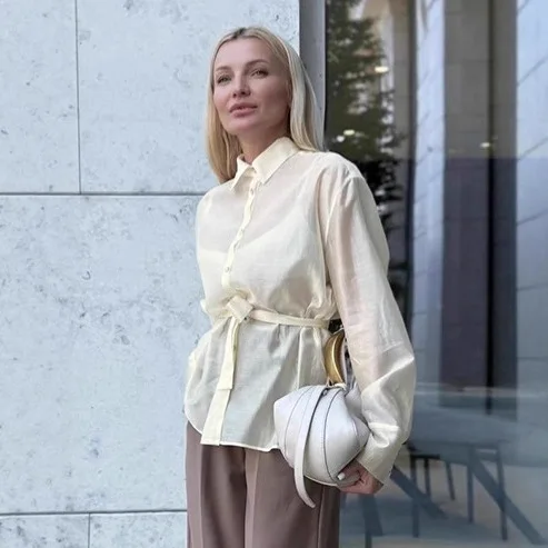 

Осенняя женская блузка на шнуровке с отложным воротником, однобортная женская рубашка с завязкой на талии, минималистичная универсальная блузка для женщин