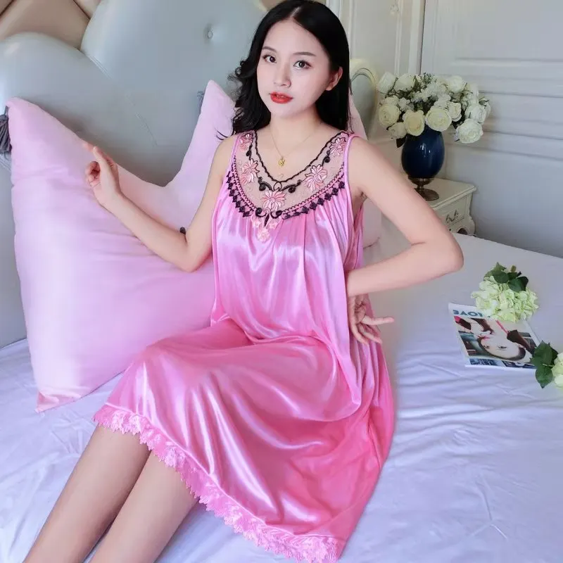 Women\'s Nightgowns Silk Satin Sleepwear Sleeveless Strap Nightdress Lace Nightwear Ladies Loungewear pajamas pyjamas Homewear