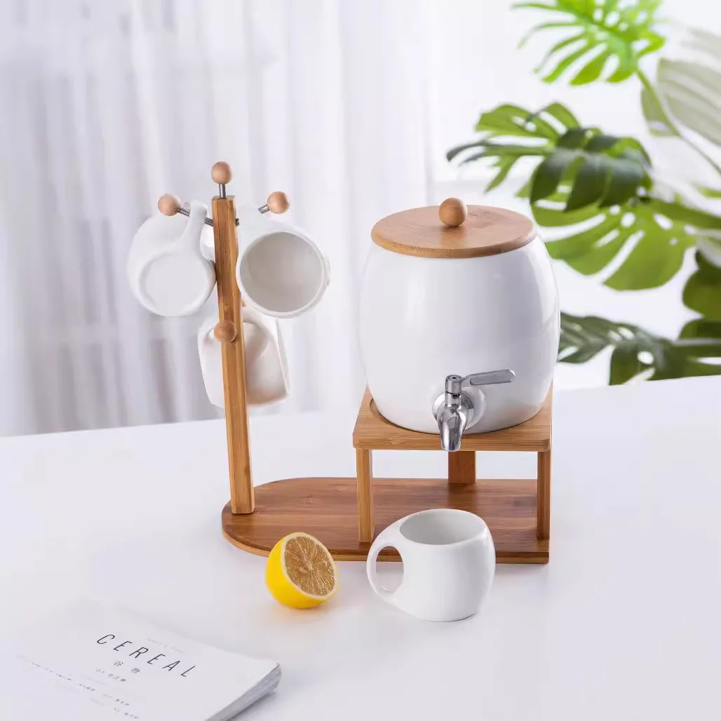 Nordic Creative Large Capacity Ceramic Cup Set, White Porcelain Water Pitcher with Copper Faucet for Juice Beverage