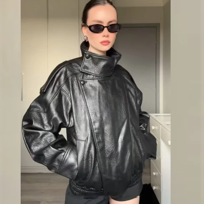 HXAO Black Jacket For Woman Outerwears Faux Leather Jacket Long Sleeve New In Coats And Jackets Zipper Bomber Motorcycle Jacket