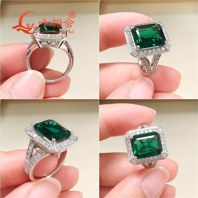 S925 Silver Green Color Emerald Ring 9x11MM Created Hydrothermal Muzo Emerald with Melee Moissanite for Wedding Jewelry - view 3