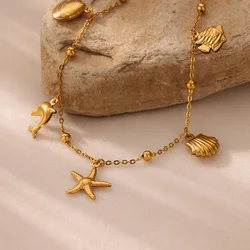 Starfish Dolphin Pendant Anklet Braclet Gold Color Stainless Steel Anklets for Women Boho Summer Beach Jewelry Foot Accessories