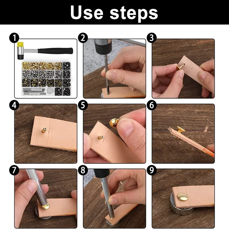 360 Set Rivetti in pelle Rivetti a doppio cappuccio Kit di strumenti di fissaggio per martello in gomma tubolare per vestiti, scarpe, decorazione e riparazione