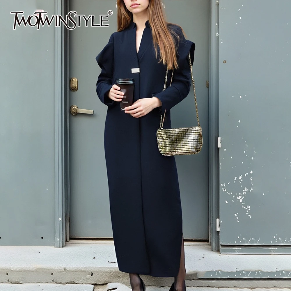 

TWOTWINSTYLE Solid Loose Minimalist Trenchs for Women V Neck Long Sleeves Patchwork Folds Casual Trench Female Fashion Clothing