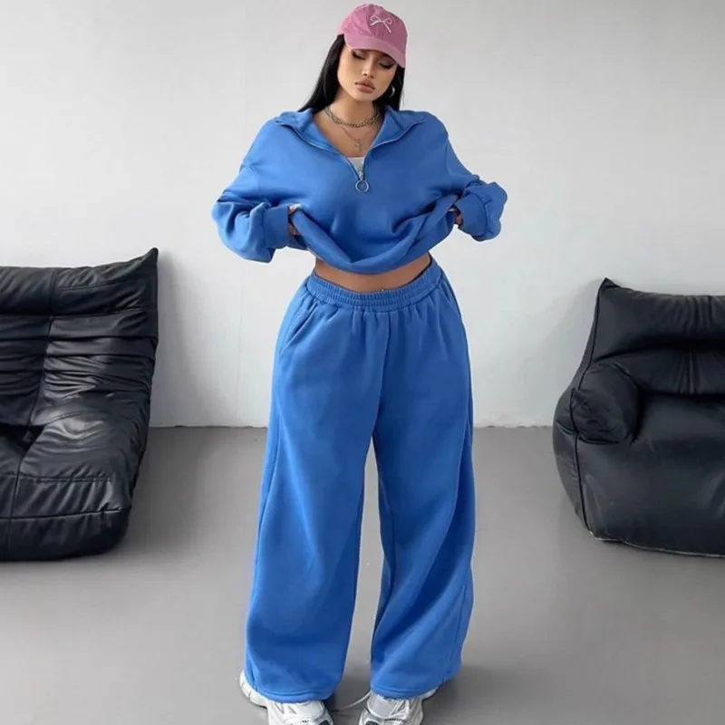 

Casual Woman Tow Piece Set Autumn Winter Zipper Turn-Down Collar Solid Color Suit Loose Simple Long Sleeve Office Lady Outfit