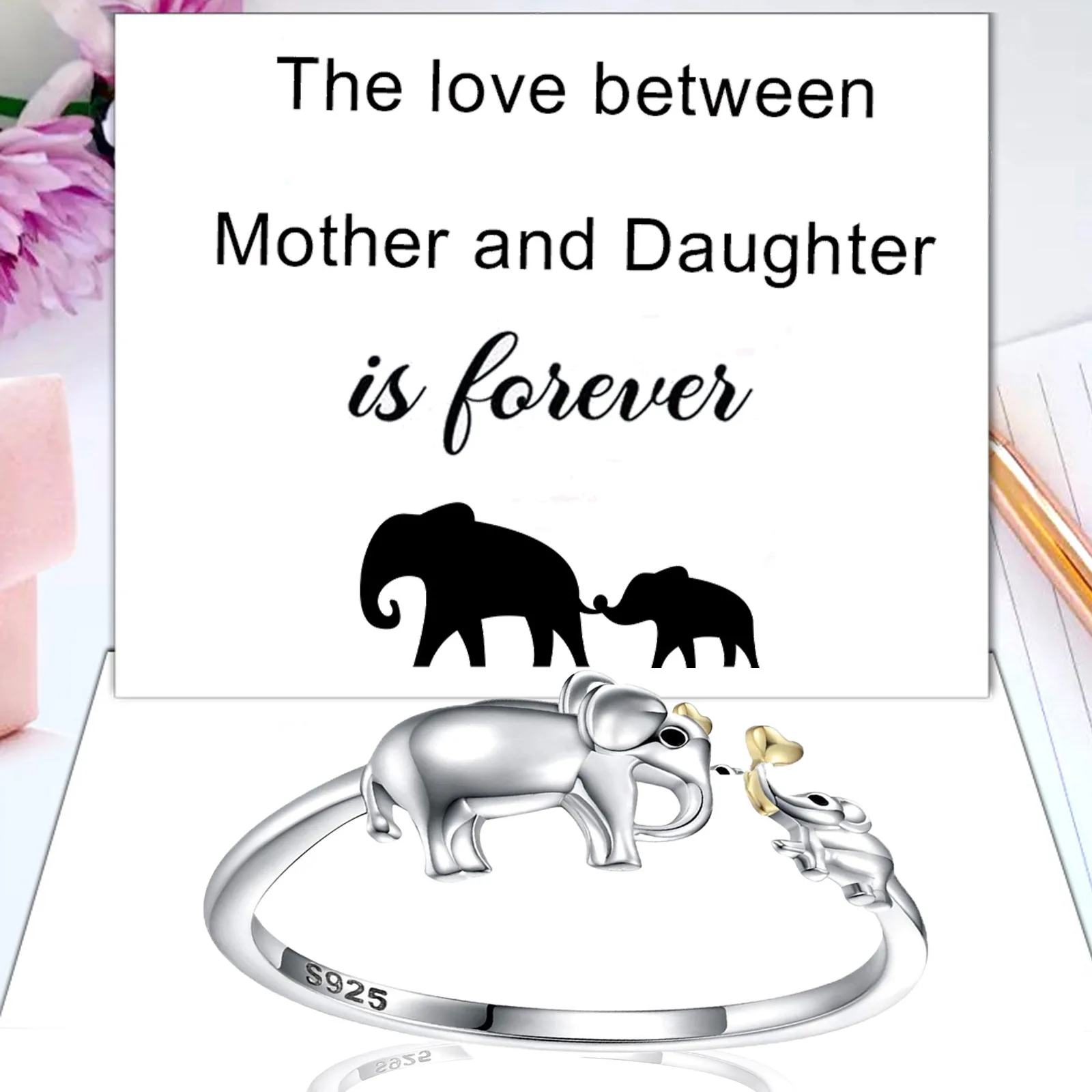 Mother Daughter Lucky Elephant Adjustable Ring Mama and Baby Elephant Rings Heart Family 2 Elephants Gift with Wish Card