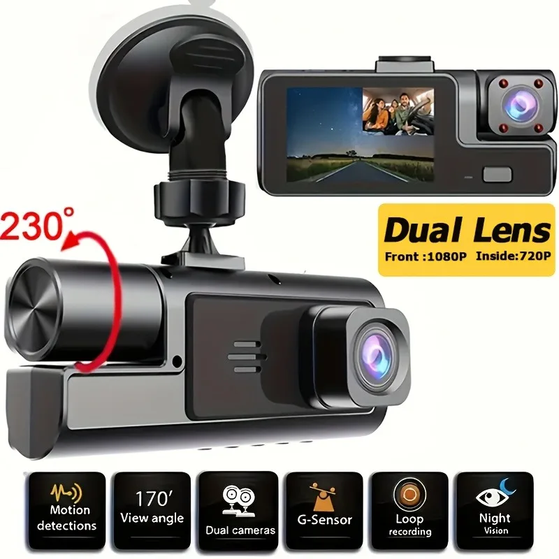 This Dashcam Features Front and Rear Dual Recording, a 1080P Front Camera and a 720P Built-in Camera, a 170° Wide-Angle Lens, Ni