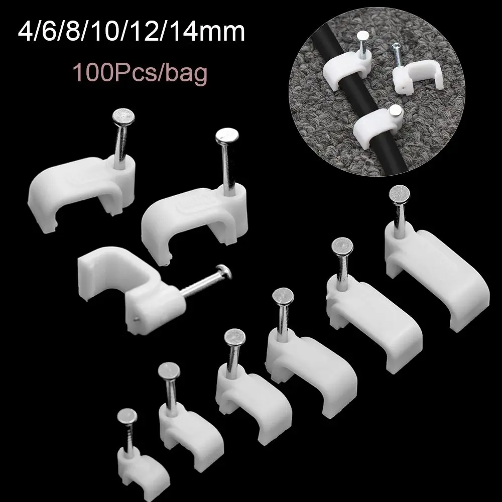 100pcs Square White Cable Clips 4mm-14mm with Fixing Steel Nails Multipurpose Wire Mounting Fixing Clamp Hardware