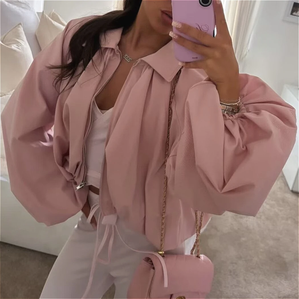 Women Solid Coats Short Bomber Jackets Turn Down Collar Long Lantern Sleeves Zipper Loose Elegant Casual Office Lady 2026 Autumn