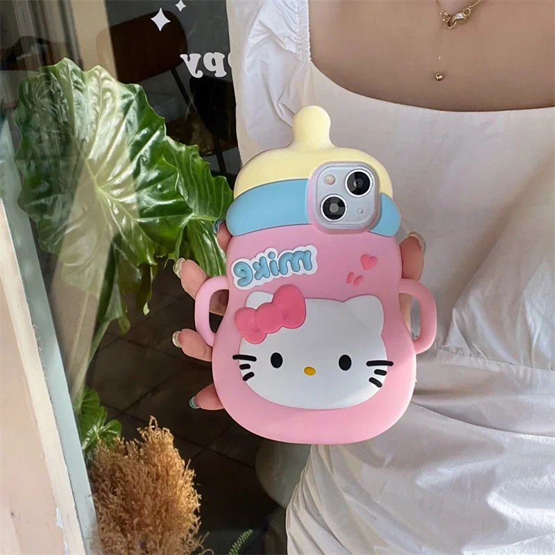 Feeder Hello Kitty feeding bottle Phone Case for iPhone 15 14 13 12 11 Pro Max Sanrio Cat Pink 3D Soft silicone Cover Funda