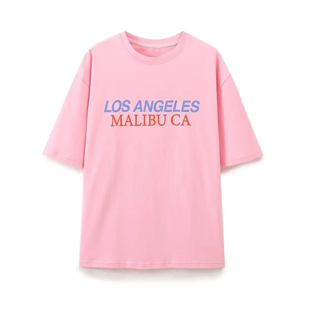 Tangada Women Pink Letter Print 85% Cotton T Shirt Oversized Short Sleeve Female Loose Shirt Wear Top 6H0282