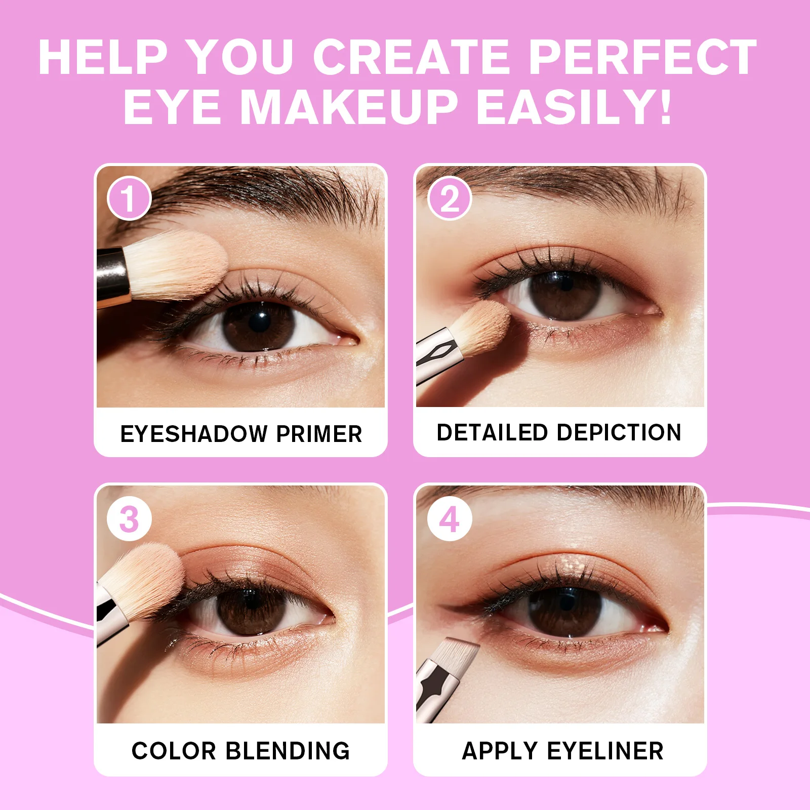 LOCKCUTE Juego de 4 brochas para sombra de ojos, cerdas premium respetuosas con la piel para mezclar, delineador y arrugas, juego de herramientas de maquillaje con apariencia fácil de los ojos