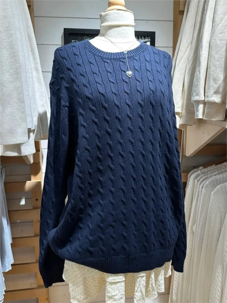 

Свободные свитера с закрученной вязкой, осенний хлопковый теплый повседневный пуловер с круглым вырезом в консервативном стиле, топы, милый винтажный уличный шикарный джемпер Y2K