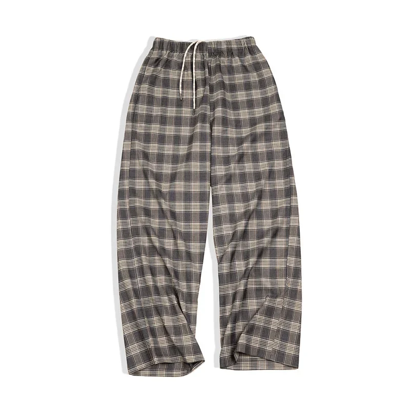 Maden Vintage Plaid Casual Pants for Women Elastic High Waist Straight Baggy Pants Korean Fashion Summer Loose Wide Leg Trousers