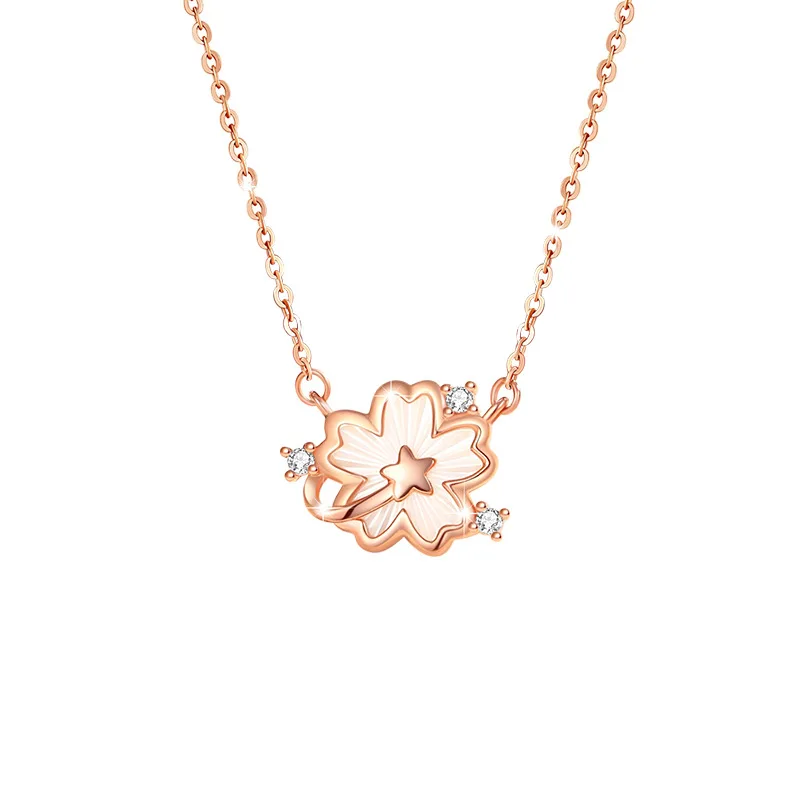

S925 Silver Romantic Cherry Blossoms Shining Zircon Star Jewelry Necklace Rose Gold Color Women's Birthday Holiday Gift