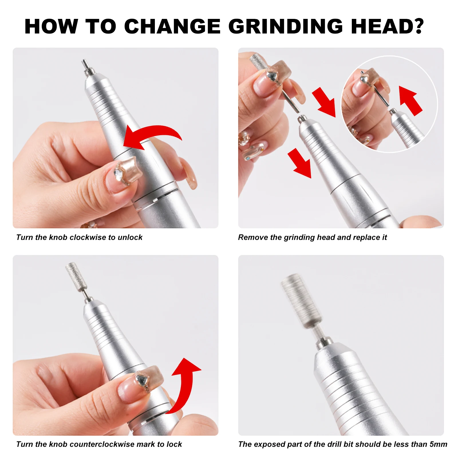 Elektryczna pilarka do paznokci 45000RPM Profesjonalna akumulatorowa frezarka do manicure cicha do usuwania lakieru hybrydowego i szlifowania