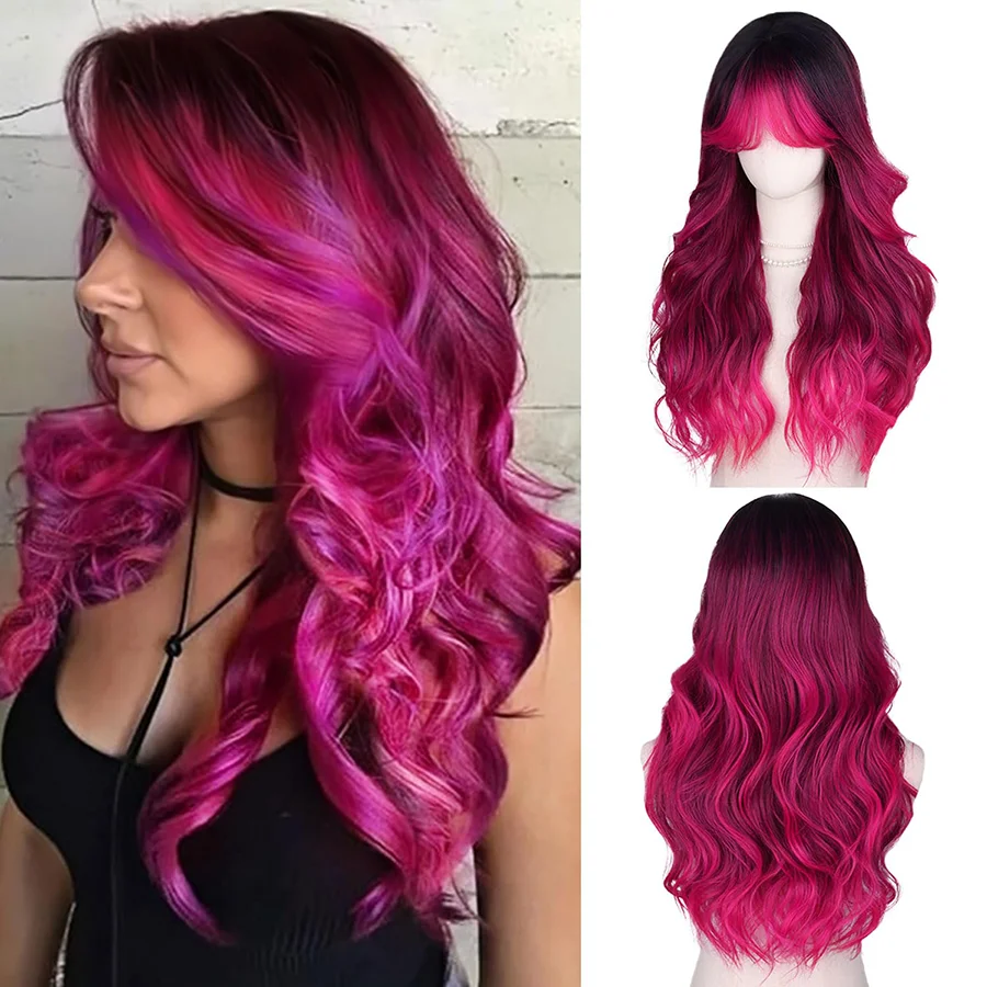 28Inch Ombre Rose pink Long Wavy Wig Middle Part Wavy Synthetic Wigs Natural Looking Heat Resistant Fiber Wig