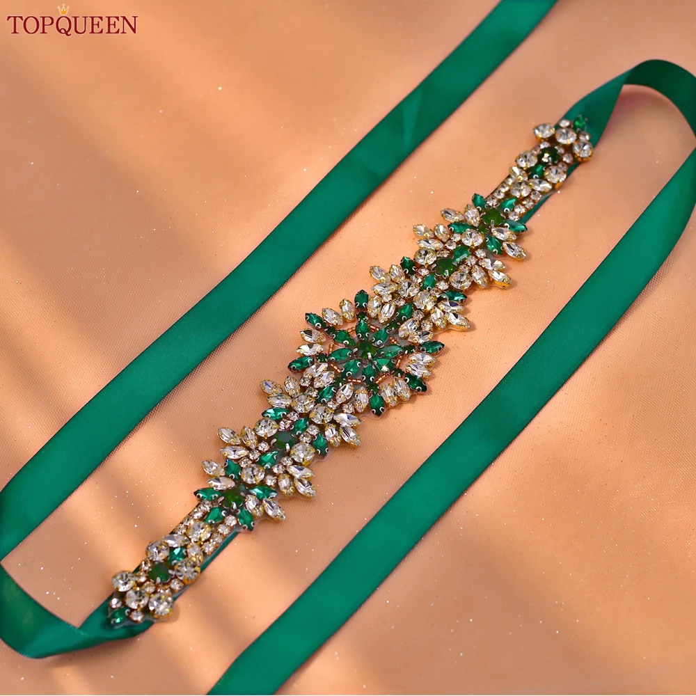 TOPQUEEN Bridal Wedding Belt Handmade Moroccan Rhinestone Belt Banquet Dress Accessories Green Jewelry Applique S319-KL