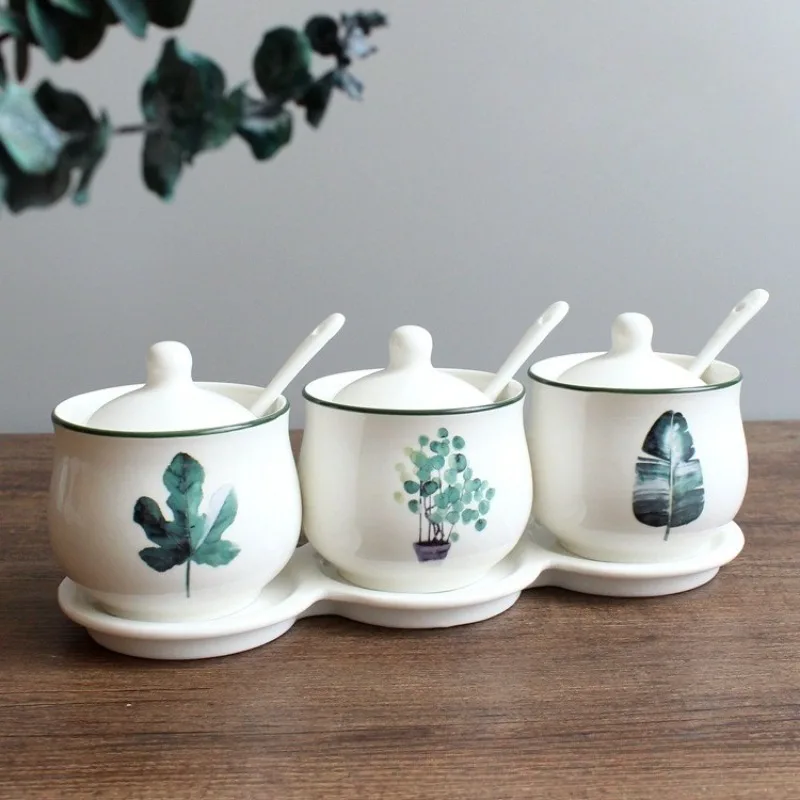 Ceramic Seasoning Box Plant Printing With Spoon With Tray Household Seasoning Box Home Kitchen Storage Containers Decoration jar