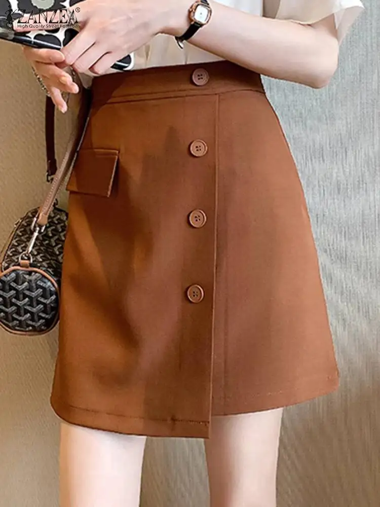 

ZANZEA Summer Elegant Skirts Women High Waist Office Skirt Fashion OL Work Vestidos Slim Fit Buttons Down Faldas Saia Oversize