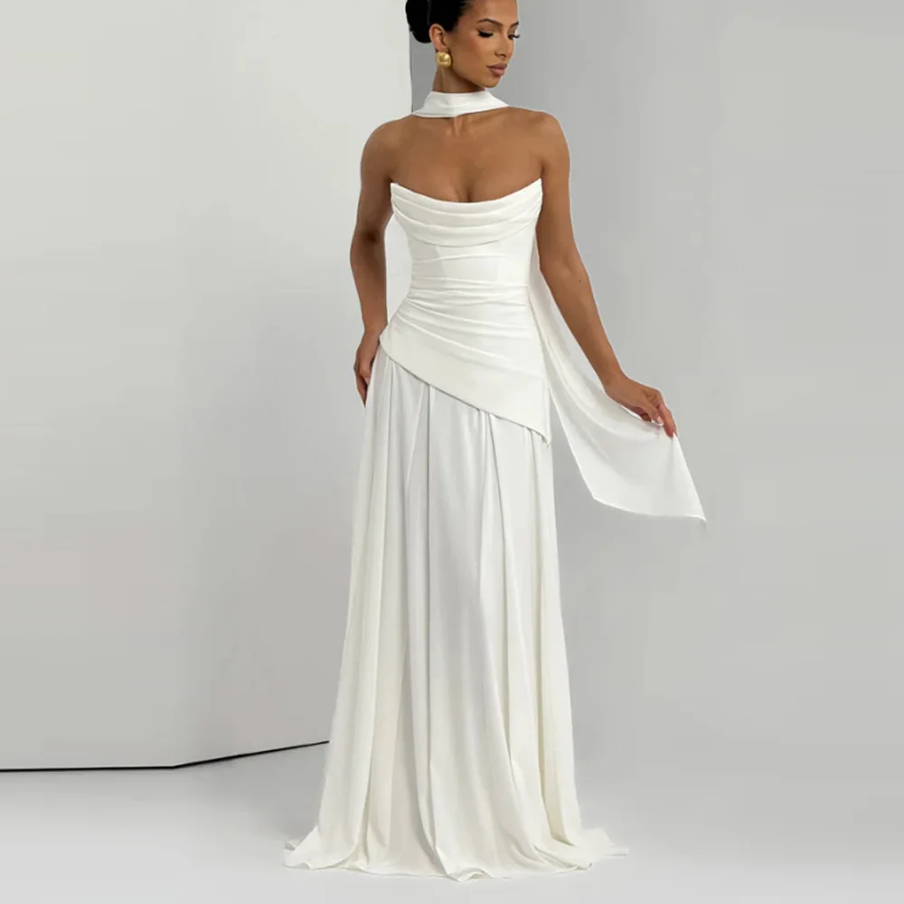 

Elegant Chiffon Simple Evening Gown Strapless Cowl Neck Draped Detail Lace-up Back Convertible Scarf Maxi Dress Prom Wedding