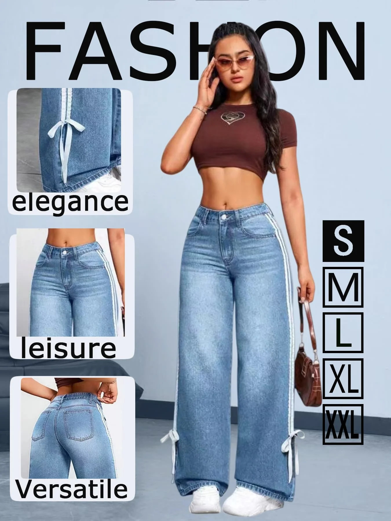Side Stripe Lace Up High Waist Wide Leg Jeans Medium Blue Washed Slim Versatile Casual Women Jeans