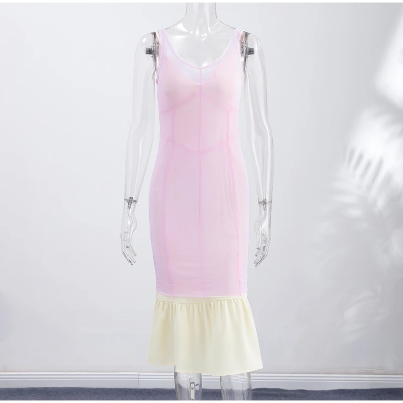 Sheer Layers Mesh See Through Midi Dress Women Spaghetti Strap Sleeveless Slim Dresses 2026 Summer Lady Sexy Beach Outfit