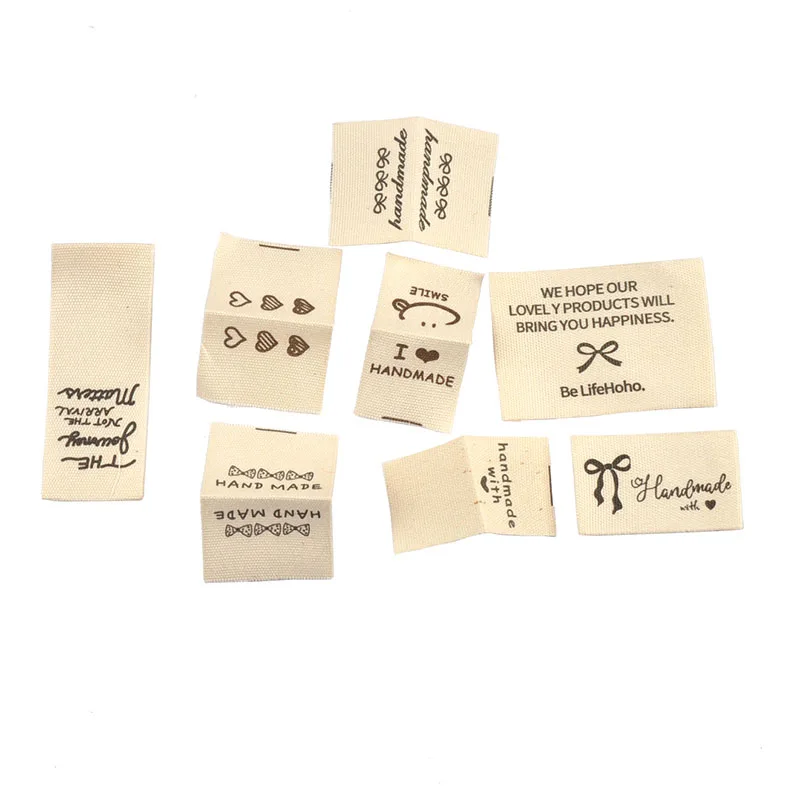 50pcs 19.5-44mm Random Mix Simple Beige Printed Labels For Clothing DIY Hats Bags Sewing Decorative Handmade Accessories C3782