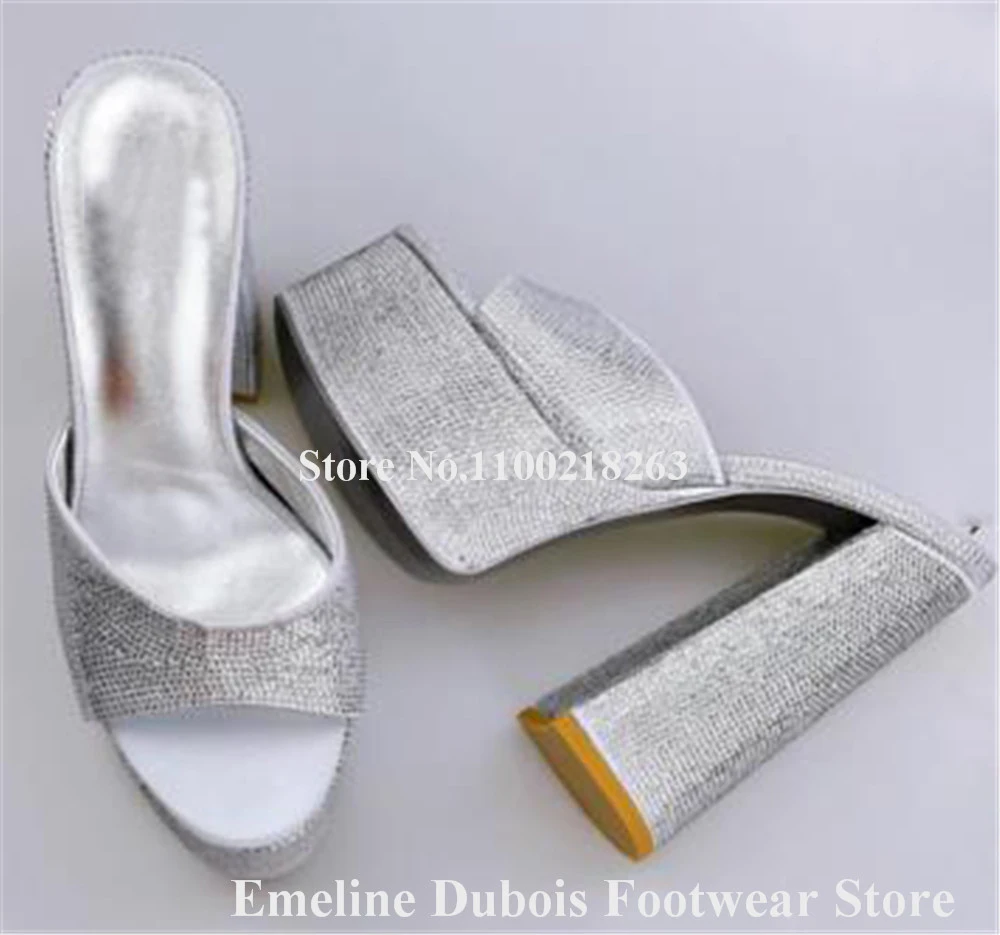 Bling Bling Silver Rhinestones Chunky Heel Slippers Emeline Dubois Peep Toe High Platform Crystals Sandals Sexy Wedding Pumps