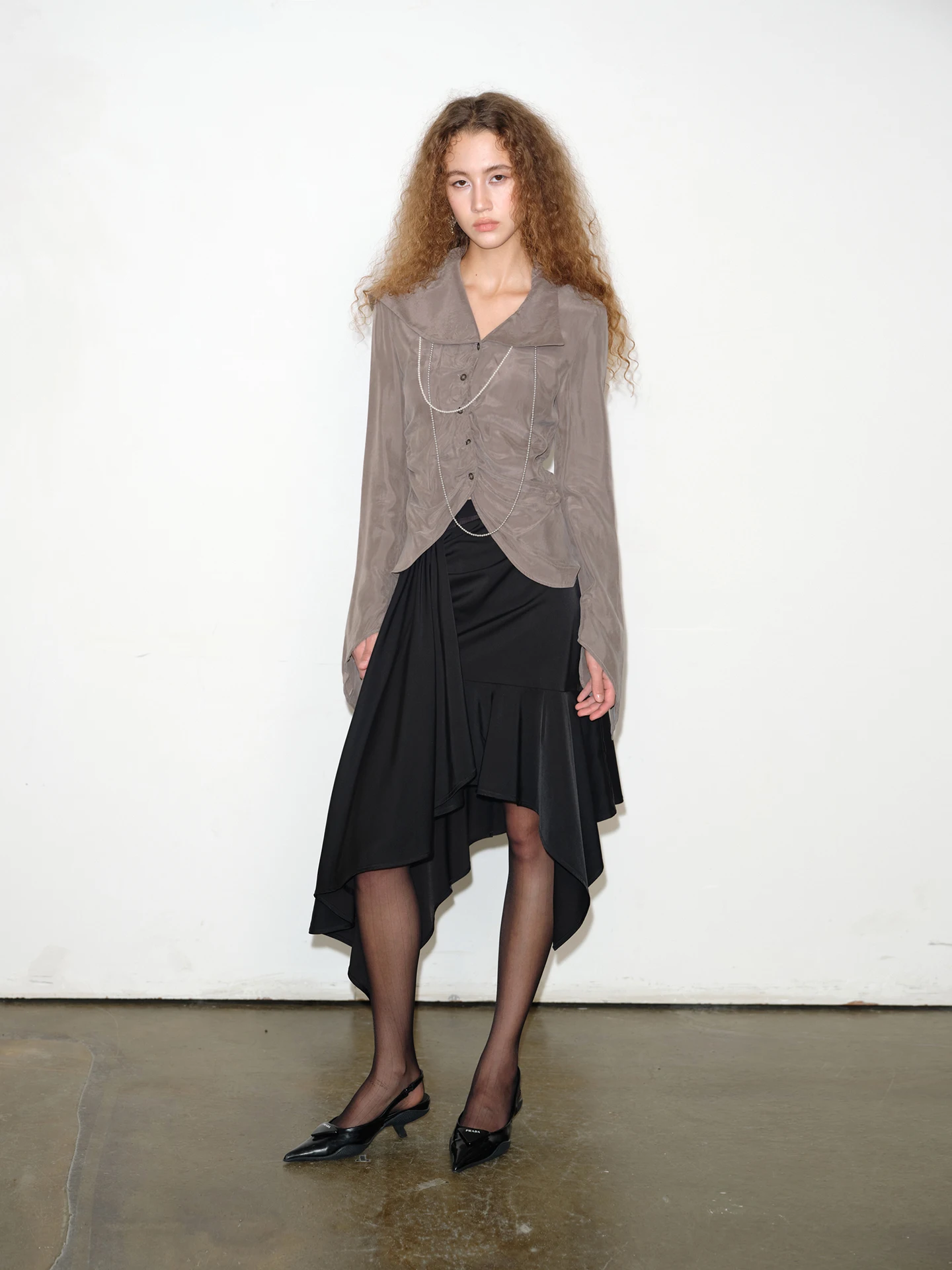 

Soft Touch Copper Ammonia Fiber irt Asymmetric Gathered Waist Long Sve Women's Faion Spring Autumn Warm Regular Thin